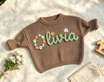 Hand Embroidered Name Baby Sweater, Custom Baby Sweater, Personalized Sweater for Baby Girls and Boys, Baby Announcement Outfit, Baby Gifts