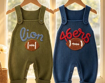 Peto de bebé con nombre personalizado, pelele de fútbol personalizado para bebé, mono de punto para bebé, conjunto para el día del partido, pelele bordado de equipo deportivo para niños pequeños