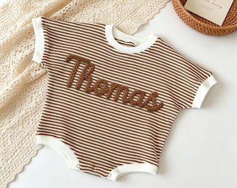 Pelele de manga corta personalizado para bebé, pelele tipo burbuja con camiseta bordada, ropa de verano para bebé niño, conjunto a juego para hermanos, body con monograma.