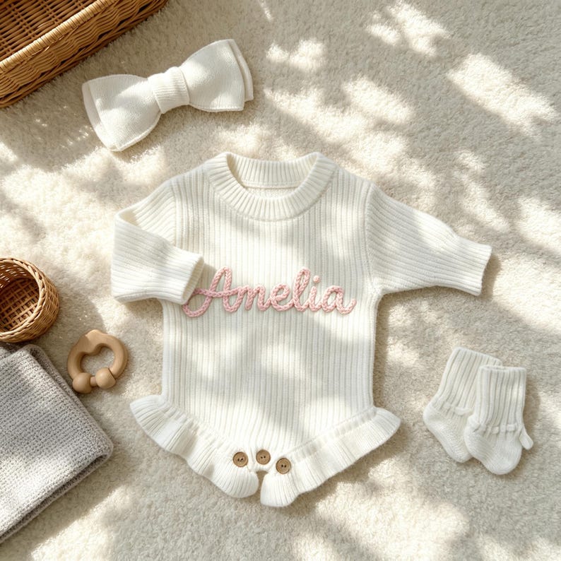 Puede incluir: Un pelele de manga larga en punto acanalado color crema con dobladillo con volantes, tres botones de madera en la parte inferior y el nombre Amelia bordado en hilo rosa en el pecho. Incluye una diadema con lazo y calcetines a juego.