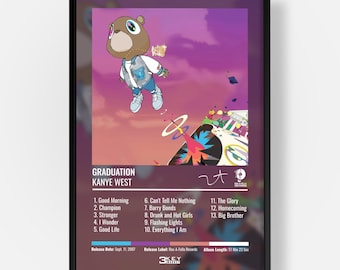 May include: A framed poster featuring the Graduation album cover by Kanye West. The artwork displays a cartoon bear character in a varsity jacket floating against a purple sky, with a tracklist of thirteen songs and release details printed below.