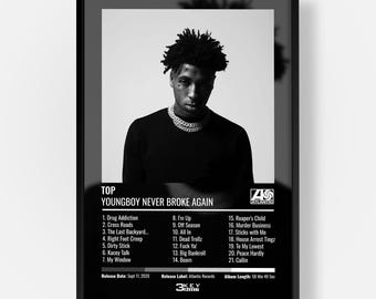 May include: A framed black and white poster featuring YoungBoy Never Broke Again. The image shows the artist wearing a chain, with the album title TOP, tracklist from 1 to 21, Atlantic Records logo, and release details printed in white text.