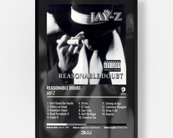 May include: A black and white framed poster featuring the album cover for Jay-Z's Reasonable Doubt. The artwork displays a person in a hat, the album title, a Parental Advisory label, and a tracklist numbered 1 through 14 with release details.