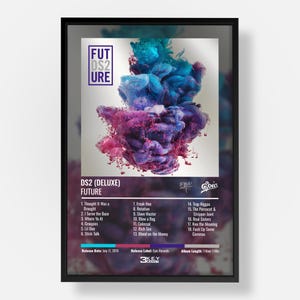 May include: A framed music album poster for Future's DS2 Deluxe. The design features a central cloud of blue and purple ink swirling in water. Text includes the album title, tracklist from 1 to 18, release date July 17, 2015, and Epic Records.