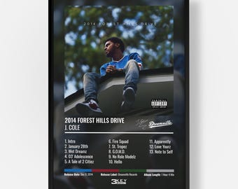 May include: A framed poster featuring the 2014 Forest Hills Drive album cover by J. Cole. The image shows a person sitting on a roof, with a tracklist below including songs like Intro, January 28th, and Apparently, plus a Parental Advisory label.