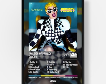 May include: A framed poster of the Cardi B album Invasion of Privacy. The artwork features Cardi B in a black and white checkered blazer and white sunglasses, seated in a yellow chair. The tracklist includes 13 songs, release date, and label.