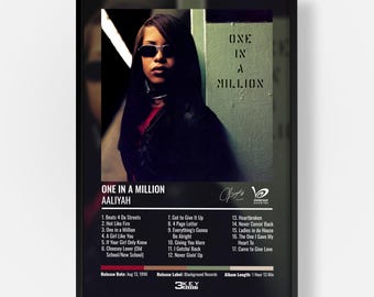May include: A framed poster featuring the Aaliyah One in a Million album cover. The artwork displays a portrait of Aaliyah wearing sunglasses, the album title, a tracklist of 17 songs, a release date of Aug 13, 1996, and the Blackground Records logo.