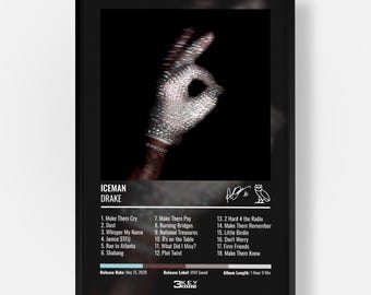 May include: A framed poster featuring a black background with a central image of a sparkling, crystal-covered glove making an okay gesture. Below, the text reads ICEMAN DRAKE, followed by a tracklist of 18 songs, release details, and an owl logo.