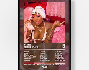 May include: A framed music album poster for Summer Walker's Over It. The artwork features a person wearing a white cherry-print headscarf and white bikini top, holding a pink telephone. The tracklist includes 18 songs, release date, and label.
