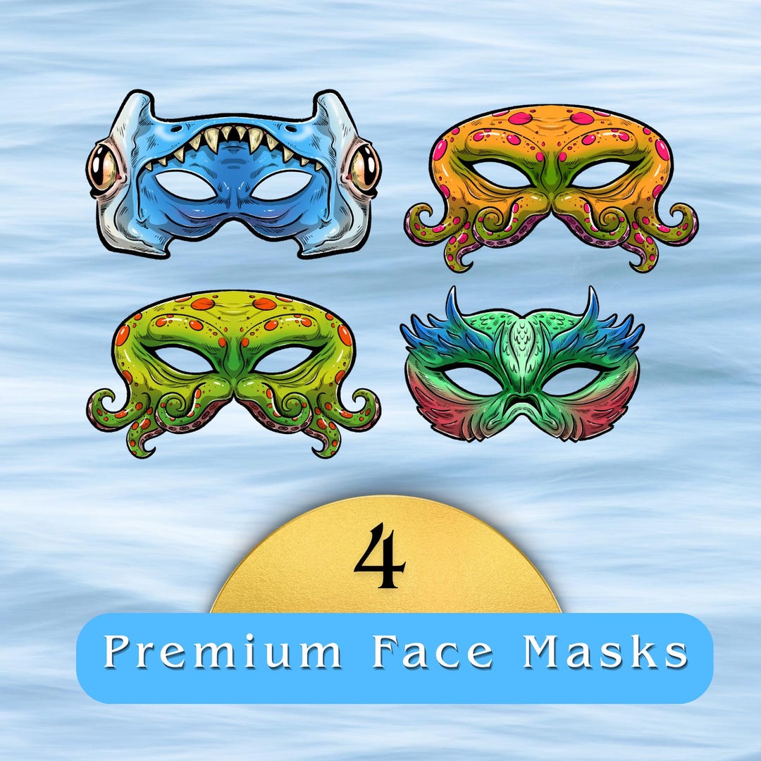 Sea Pattern Design Mask Illustrated Ocean Themed Mask Set — 4 PNG Clip Art Files, Transparent ...