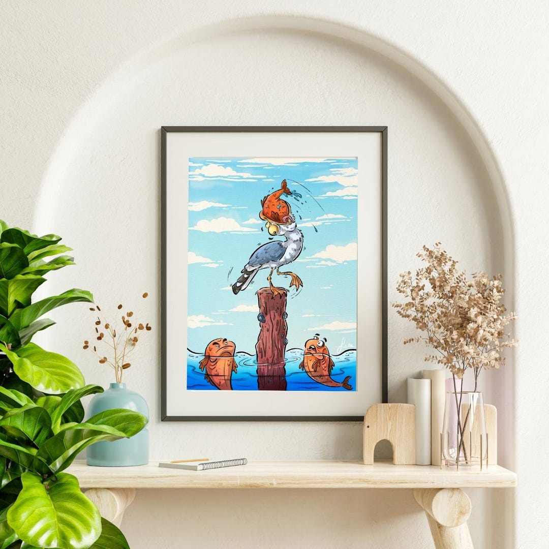 Funny Seagull Art Print, Quirky Ocean Wall Art, Coastal Bird ...