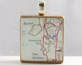 Burien and Des Moines, Washington - vintage Scrabble tile map pendant