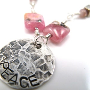 Peace sterling silver necklace with pink rhodochrosite and tourmaline gemstones inspirational jewelry image 2