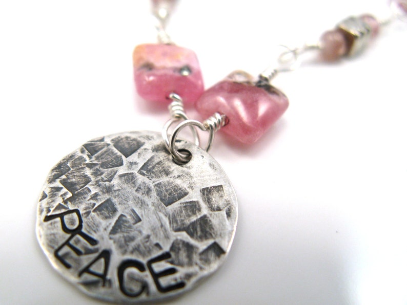 Peace sterling silver necklace with pink rhodochrosite and tourmaline gemstones inspirational jewelry image 2