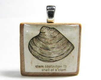 Clam shell drawing - vintage dictionary Scrabble tile pendant