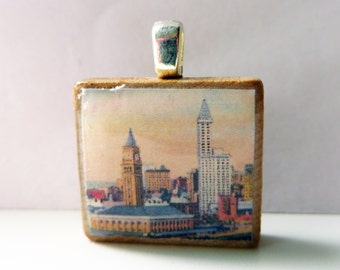 Vintage Seattle scene with King Street Station and Smith Tower -  vintage postcard Scrabble tile pendant