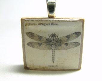 Dragonfly drawing - vintage dictionary Scrabble tile pendant