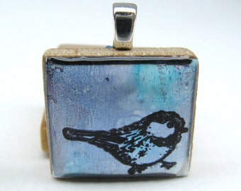 Little Blue Bird - Glowing metallic Scrabble tile pendant