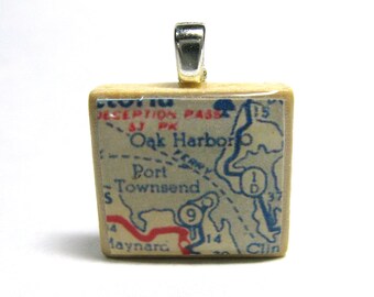 Port Townsend and Oak Harbor, Washington - 1951 vintage Scrabble tile map pendant