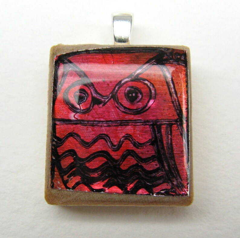 Red Owl Glowing metallic Scrabble tile pendant image 2