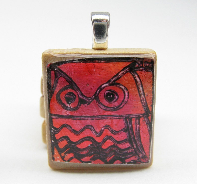 Red Owl Glowing metallic Scrabble tile pendant image 1