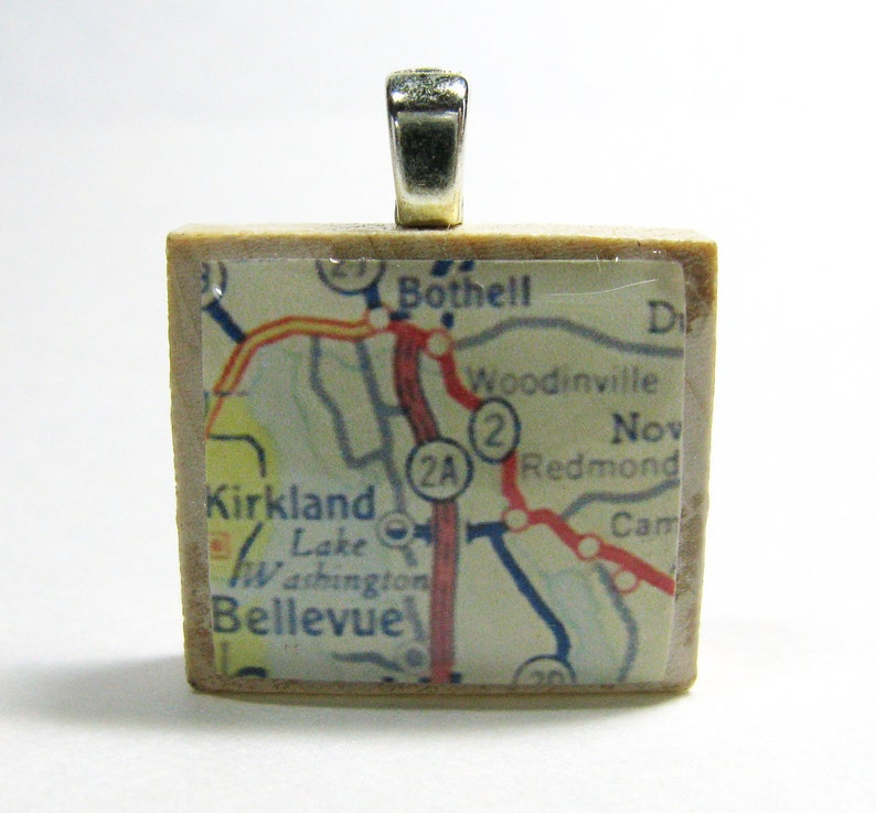 Bellevue, Washington 1962 vintage Scrabble tile map pendant image 4