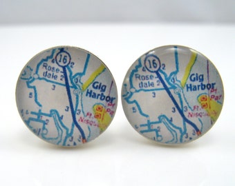 Vintage map cufflinks - Gig Harbor,  Washington 1970s  - silver-plated round cuff links