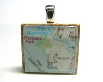 Magnolia area of Seattle - 1980s vintage Scrabble tile map pendant