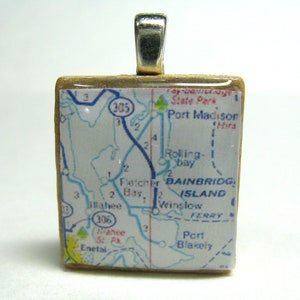 Bainbridge Island, Washington 1972 vintage Scrabble tile map pendant image 1