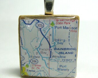 Bainbridge Island, Washington  - 1972 vintage Scrabble tile map pendant