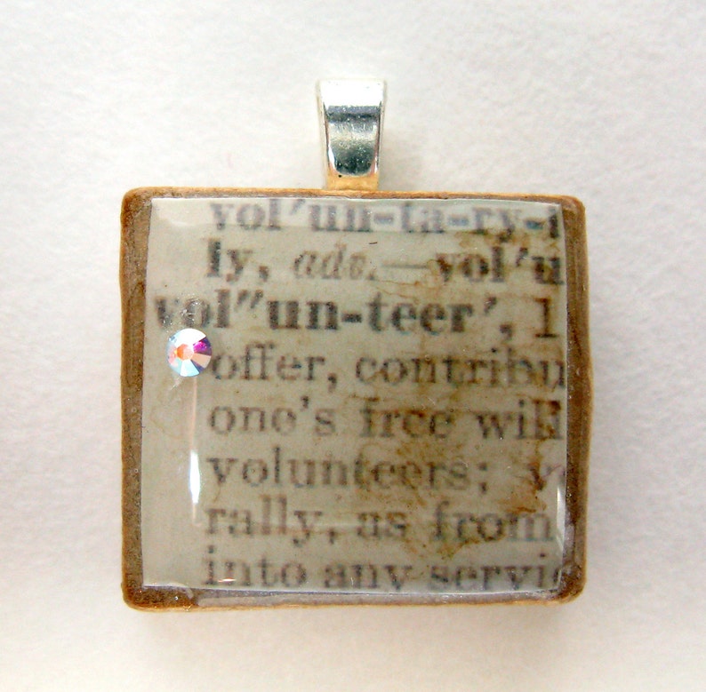 Volunteer vintage dictionary Scrabble tile with Swarovski crystal volunteer appreciation recognition thank you gift image 2
