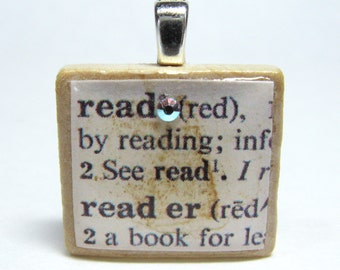 Read - vintage dictionary Scrabble tile with Swarovski crystal - great teacher gift