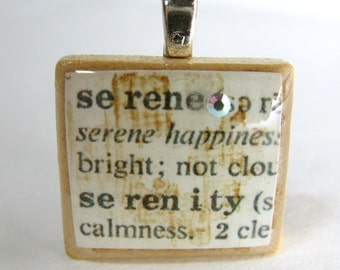 Serenity - serene - vintage dictionary Scrabble tile with Swarovski crystal