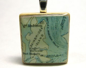 Bainbridge Island, Washington  - 1890 vintage Scrabble tile map pendant