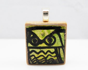 Green Owl - Glowing metallic Scrabble tile pendant