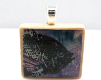 Something Fishy - Glowing metallic Scrabble tile pendant - blue purple