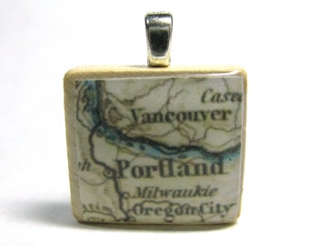 Portland, Oregon - 1875 vintage Scrabble tile map pendant
