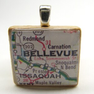 Bellevue, Washington 1962 vintage Scrabble tile map pendant image 3