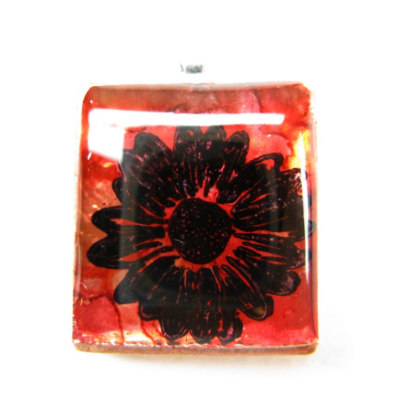 Red Daisy Glowing metallic Scrabble tile pendant