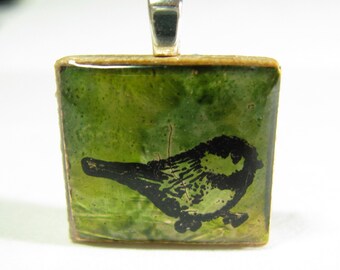 Little Green Bird - Glowing metallic Scrabble tile pendant