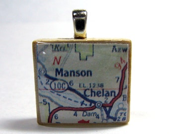 Chelan and Lake Chelan, Washington - 1962 vintage map Scrabble tile pendant