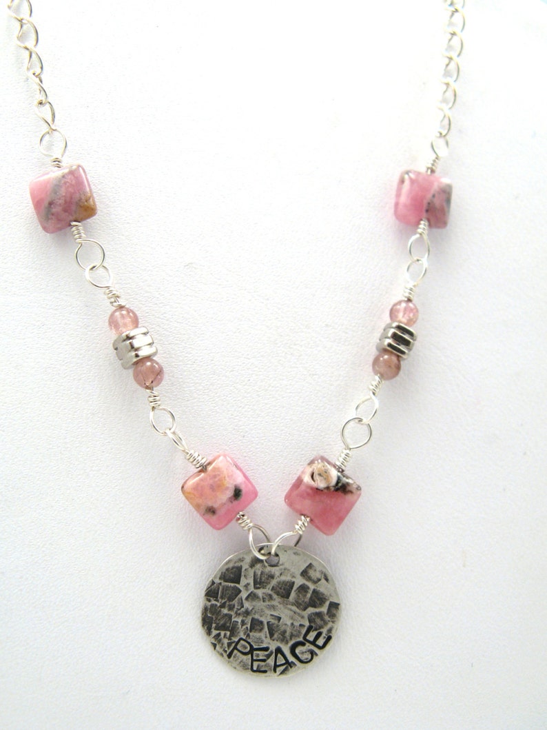 Peace sterling silver necklace with pink rhodochrosite and tourmaline gemstones inspirational jewelry image 4