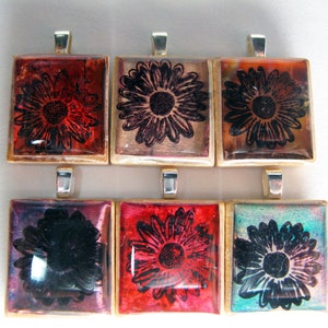 Copper Daisy flame treated glowing metallic Scrabble tile pendant image 3