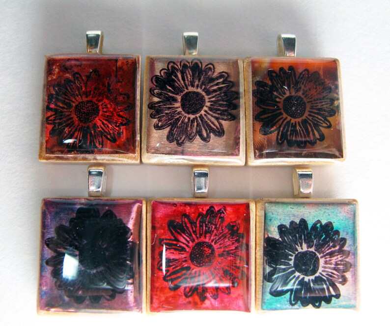 Copper Daisy flame treated glowing metallic Scrabble tile pendant image 3