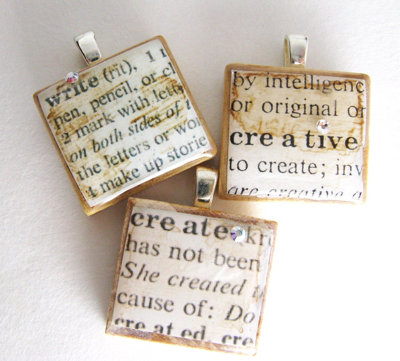 Write vintage dictionary Scrabble tile with Swarovski crystal image 4