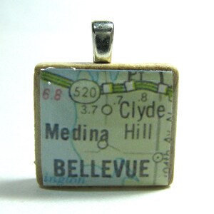 Bellevue, Washington 1962 vintage Scrabble tile map pendant image 1