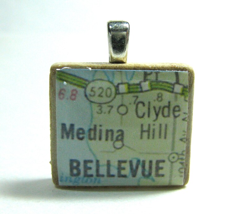 Bellevue, Washington 1962 vintage Scrabble tile map pendant image 1