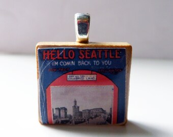 Hello Seattle - vintage sheet music Scrabble tile pendant