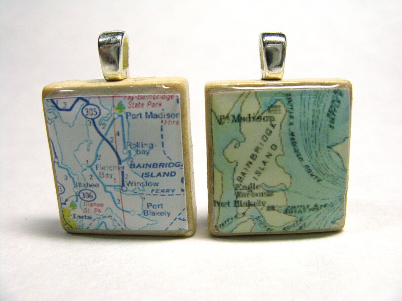 Bainbridge Island, Washington 1972 vintage Scrabble tile map pendant image 3