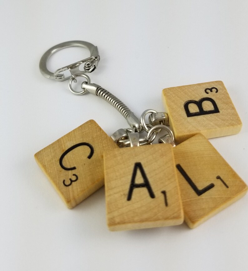 Scrabble tile keychain with 4 initials great personalized gift image 1